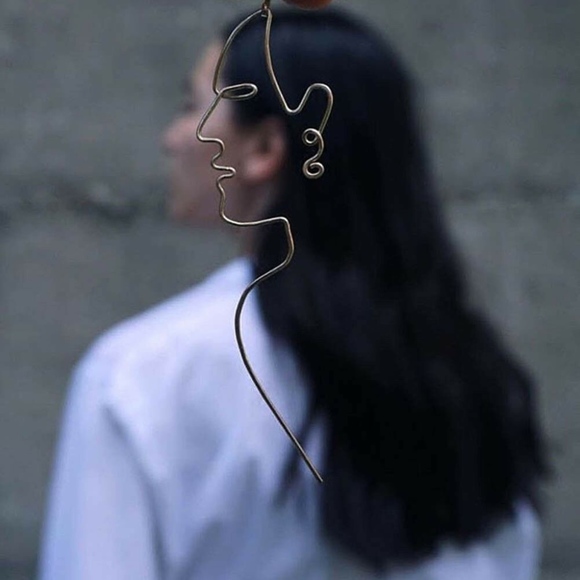 Abstract Personality Face Profile Silver Earrings - Picture 7 of 7